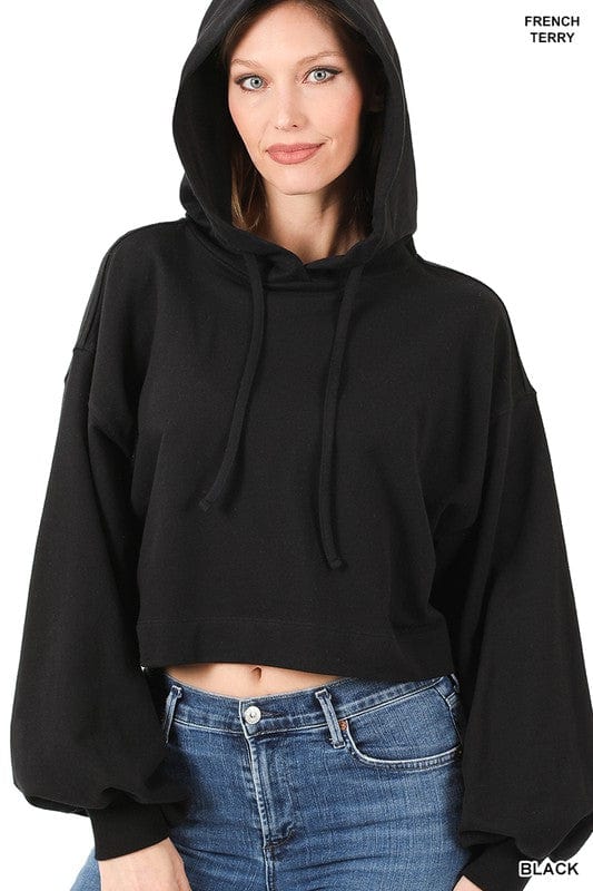 ZENANA BLACK / S French Terry Drop Shoulder Cropped Hoodie