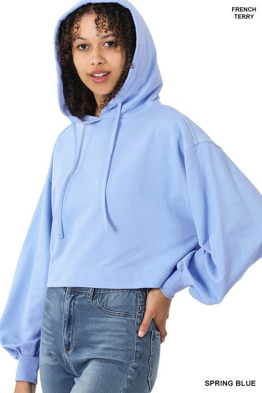 ZENANA SPRING BLUE / S French Terry Drop Shoulder Cropped Hoodie